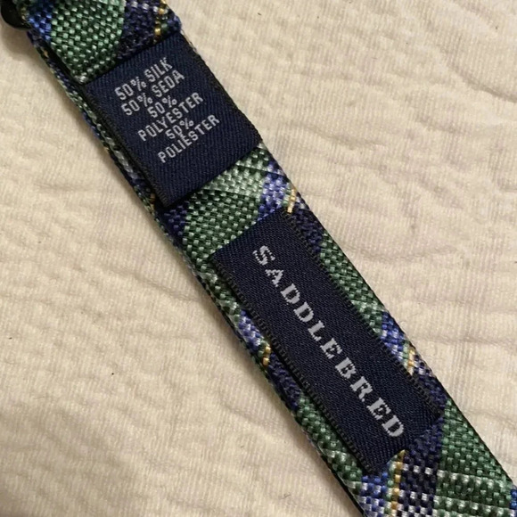 Saddlebred Silk Blend NWT Bow Tie Plaid Navy Green Gold Preppy - Picture 3 of 4
